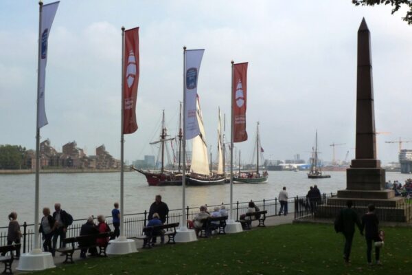 Flags on concrete bases at Tall Ships event