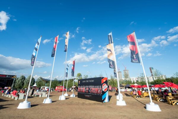 Flags on concrete bases at Formula One fanzone