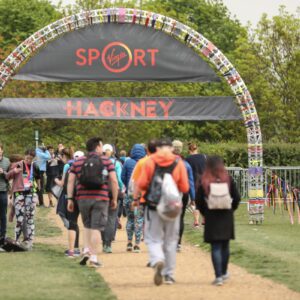 Truss welcome arch on ground darts at the Hackney Half Marathon