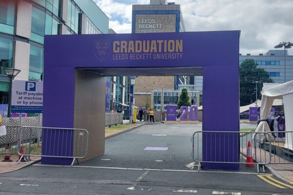 Leeds Beckett University entrance gantry for graduation ceremony