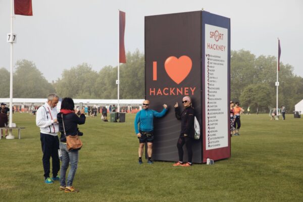 Information tower wayfinding and photo backdrop at Hackney Half Marathon