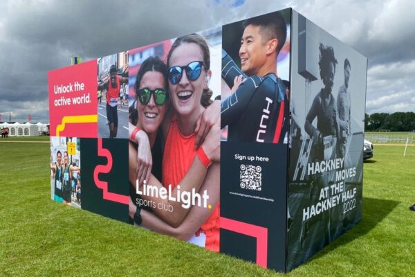 Large super-graphic photo backdrop at the Hackney Half Marathon