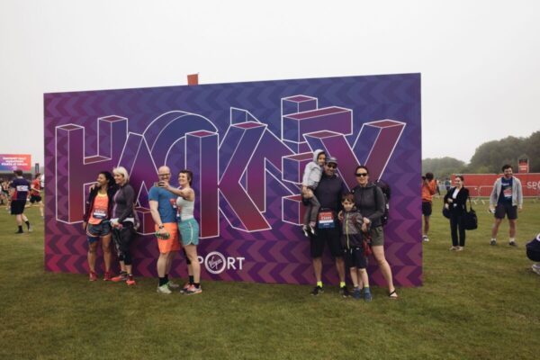 Large super-graphic photo backdrop at the Hackney Half Marathon