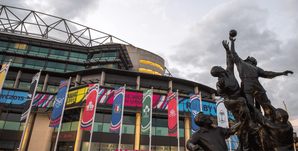 Twickenham Stadium, venue branding, statue, flags