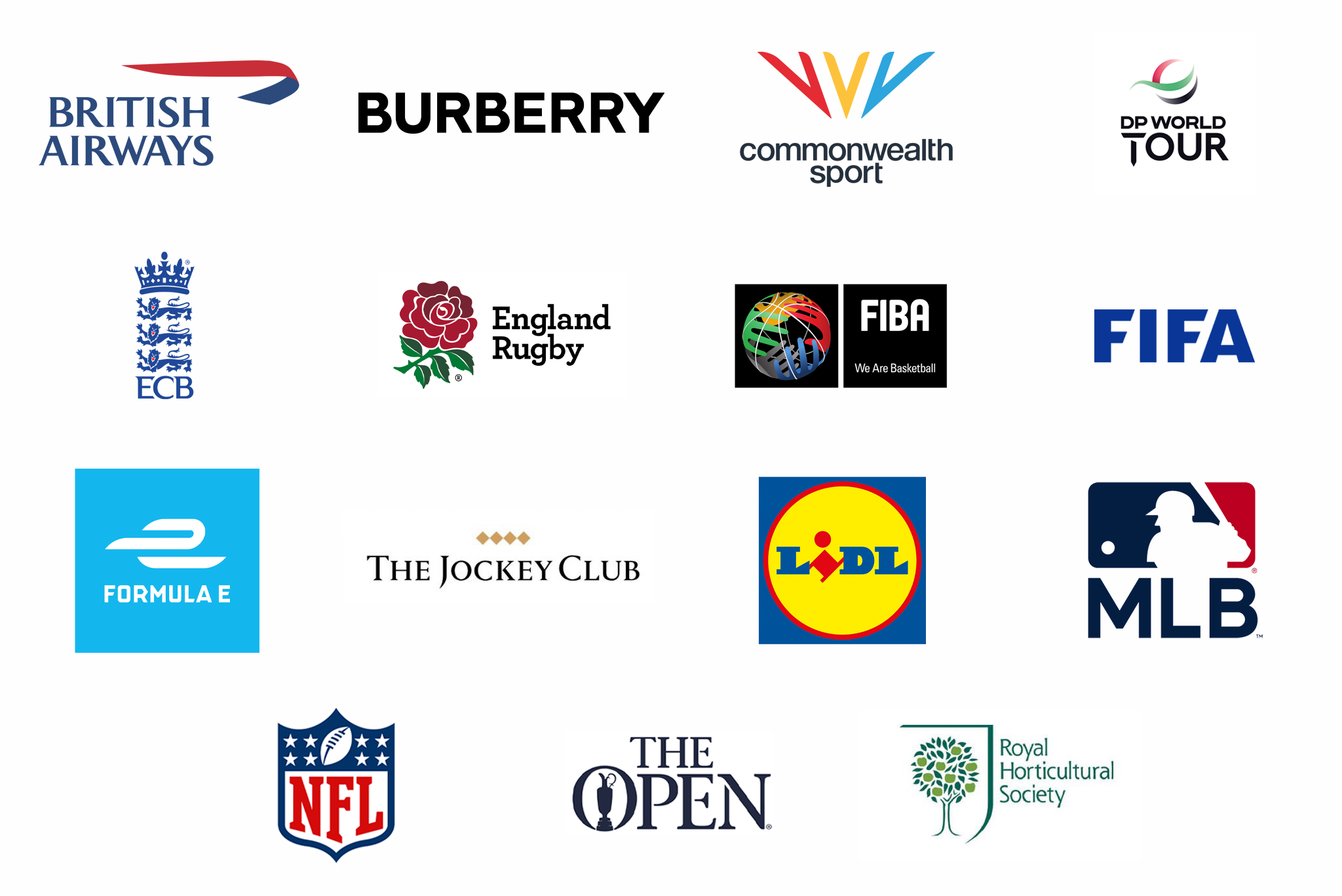 Client logos, British Airways, Burberry, Commonwealth Sport, DP World Tour, England Cricket Board, FIBA, FIFA, Formula E, The Jockey Club, Lidl, MLB, NFL, The Open, Royal Horticultural Society