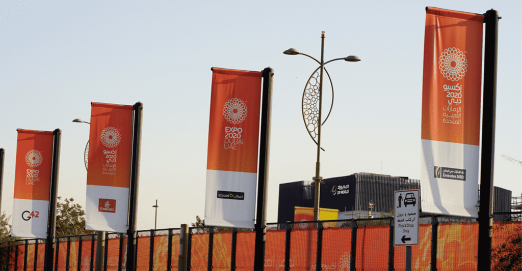 Expo 2020 Dubai, flag poles, city wayfinding and signage