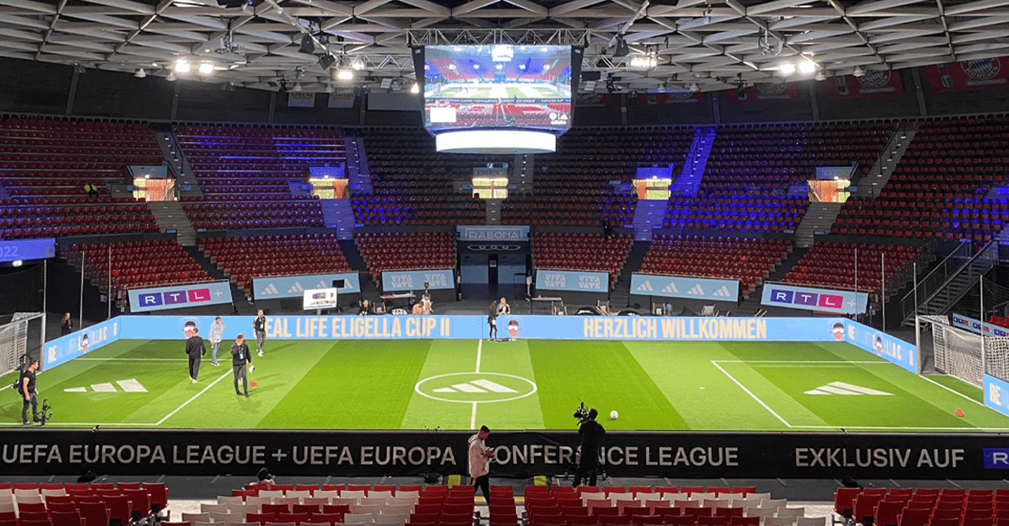 UEFA football match, event branding, empty pitch